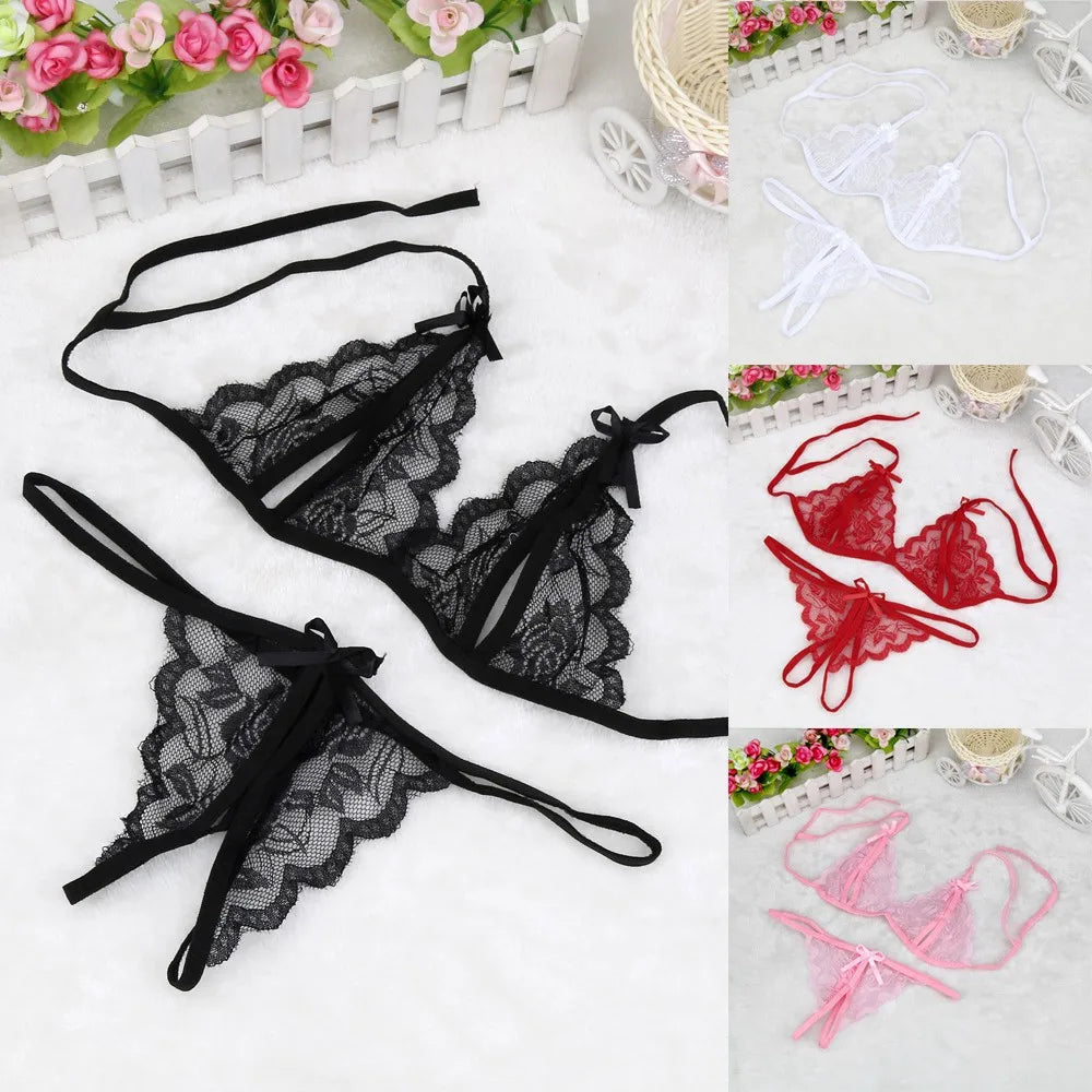 Lace Hollow Out Bra Set: Sexy Lingerie with G-string, Sleepwear