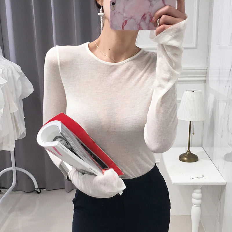 Shintimes Long Sleeve Sexy Shirt: Korean Style Slim Basic T-shirt for Women