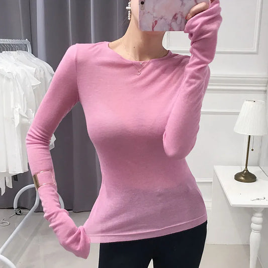 Shintimes Long Sleeve Sexy Shirt: Korean Style Slim Basic T-shirt for Women