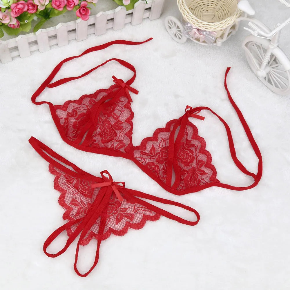 Lace Hollow Out Bra Set: Sexy Lingerie with G-string, Sleepwear