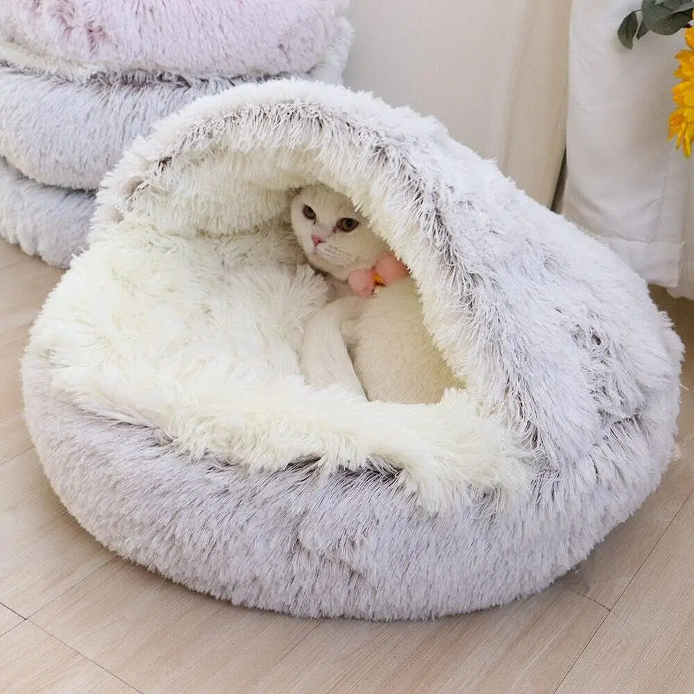 Plush Round Cat Bed: Warm and Comfortable 2-in-1 Sleeping Bag for Small Cats and Puppies