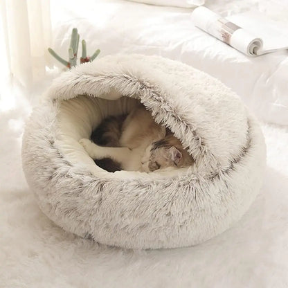 Plush Round Cat Bed: Warm and Comfortable 2-in-1 Sleeping Bag for Small Cats and Puppies