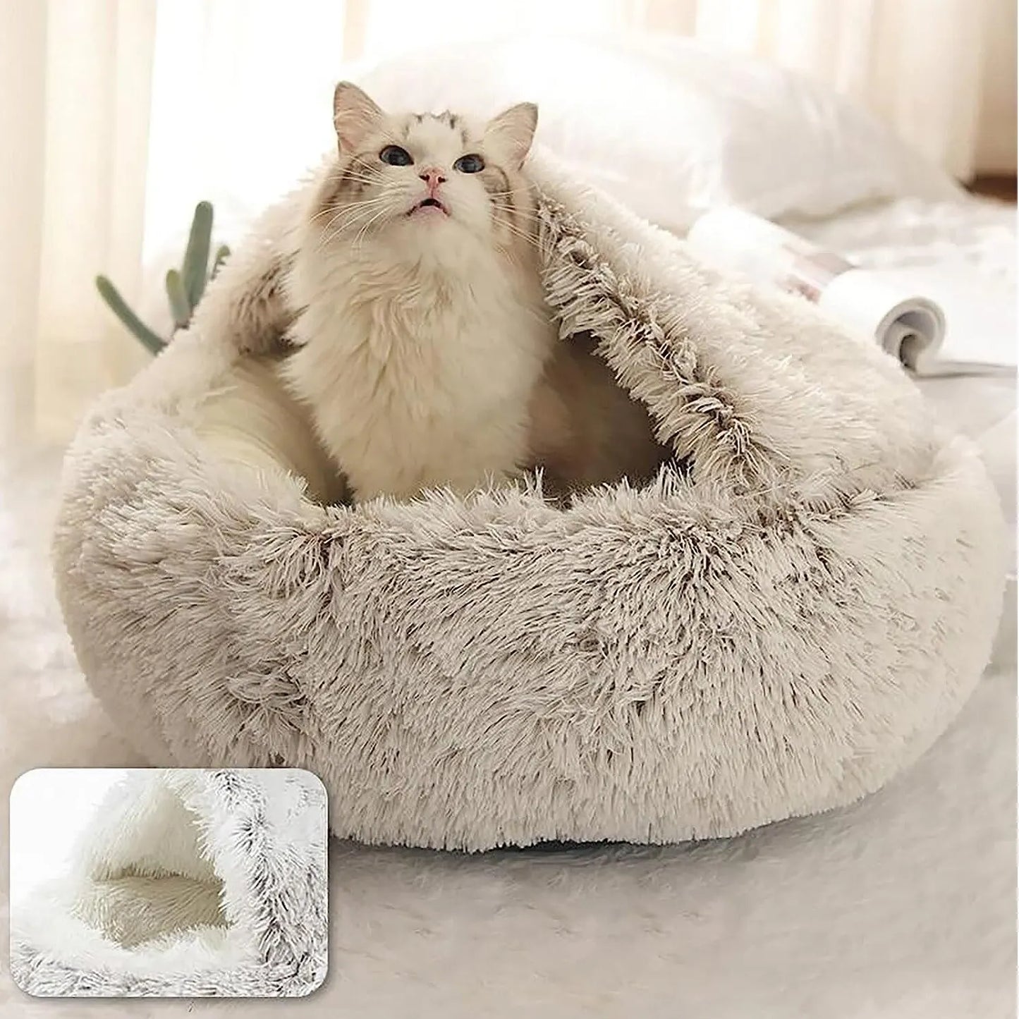 Plush Round Cat Bed: Warm and Comfortable 2-in-1 Sleeping Bag for Small Cats and Puppies