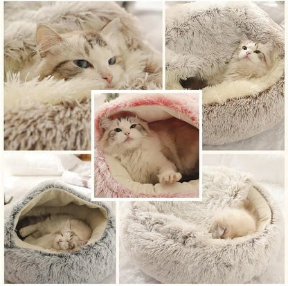 Plush Round Cat Bed: Warm and Comfortable 2-in-1 Sleeping Bag for Small Cats and Puppies