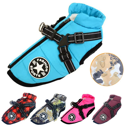 Winter Warm Large Dog Jacket with Harness: Waterproof Coat for Labrador, French Bulldog, Chihuahua